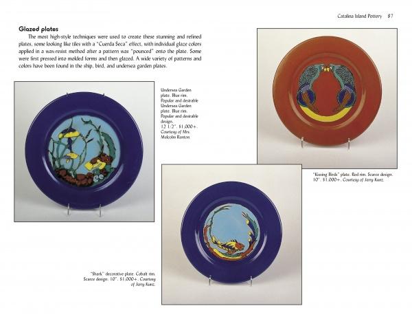 A catalog page features three colorful, round Catalina Island Pottery and Tile plates on stands, displayed with artistic designs and accompanied by descriptions and prices. Brand: Schiffer Publishing, Ltd.