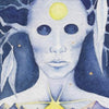 A surreal figure with a white mask-like face and glowing yellow circles stands among blue tree branches, evoking Tarot and guardianship. "King of Pentacles" appears at the top. From Guardian Tarot by Schiffer Publishing, Ltd.