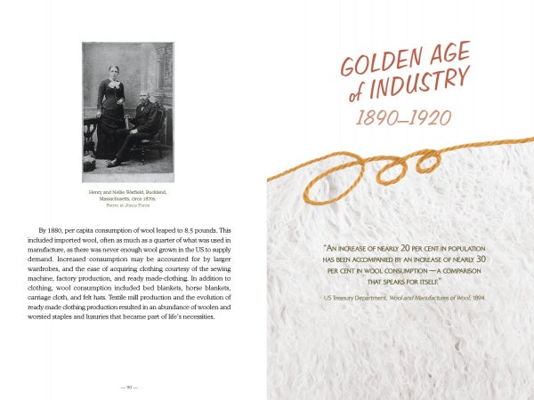 A spread from Schiffer Publishing, Ltd.'s Wool shows a sepia photo of Henry & Nellie Wheelock Richardson, text on U.S. wool production, and a wool texture background with a quote, titled GOLDEN AGE OF INDUSTRY 1890–1920.