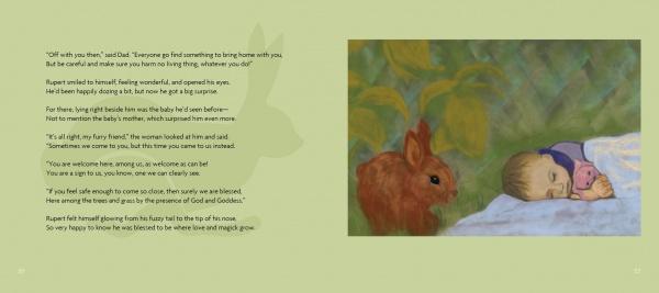 A child sleeps on a pillow in a green field as a brown rabbit watches; the soft green background with a bunny silhouette evokes the magic of Rupert's Tales: Learning Magick by Schiffer Publishing, Ltd. Text is on both pages with a light green background.