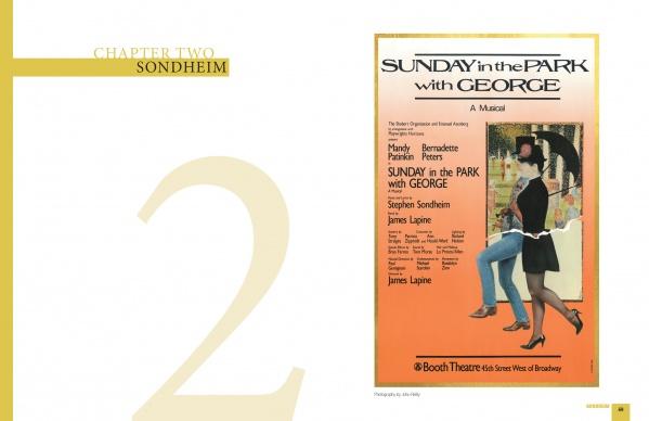 An open book from Fraver by Design (Schiffer Publishing, Ltd.) shows CHAPTER TWO: SONDHEIM with a large 2, beside the Sunday in the Park with George Broadway poster featuring stylized park figures and striking theatrical art.
