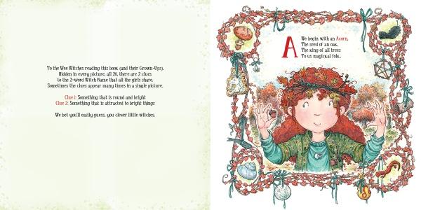 Wee Witches by Schiffer Publishing, Ltd. features a vibrant children’s book spread with a Wee Witches poem in colorful text and a red-haired child framed by magical and mystical items—an ideal read for Pagan families.