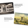 Two “Greetings From Dallas” postcards by Schiffer Publishing, Ltd. feature the Texas State Fair building in sepia and vibrant prints, showcasing its limestone details, flags, gardens, historic style, and the site's artistic and costly design.