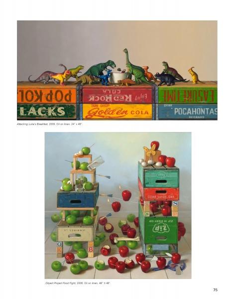 Featured in *100 Artists of the Brandywine Valley* by Schiffer Publishing, Ltd.: vibrant toy dinosaurs atop soda crates and apples spilling from crates, both scenes reflecting the playful, charming spirit of the Brandywine region.