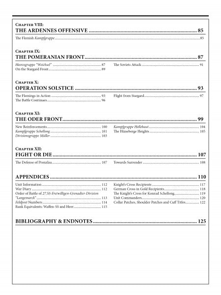 The table of contents in "The 27th Waffen-SS Volunteer Grenadier Division Langemarck" by Schiffer Publishing, Ltd. lists chapters like THE ARDENNES OFFENSIVE and THE ODER FRONT, and details the Flemish SS on the Eastern Front with page numbers.