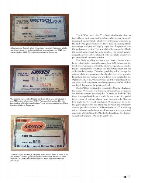 Three vintage Gretsch guitar labels, including one from the Gretsch 6120, appear at top left with serial numbers and model details. A column of text explores Gretsch history and explains why each is a coveted collectible. Published by Schiffer Publishing, Ltd.