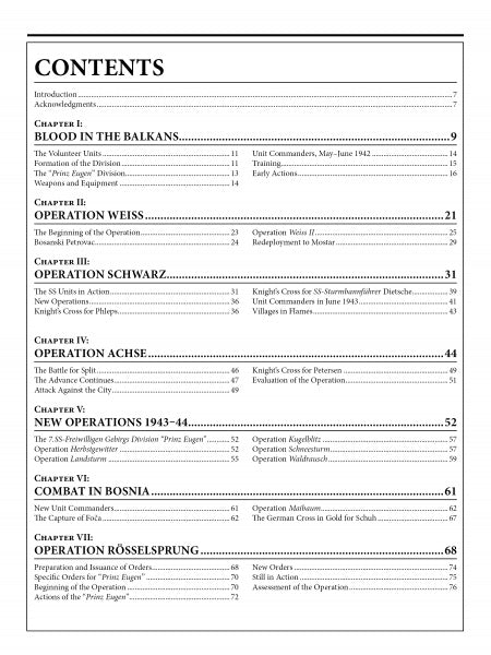 The 7th Waffen-SS Volunteer Gebirgs (Mountain) Division Prinz Eugen by Schiffer Publishing, Ltd. includes a table of contents covering chapters like “Blood in the Balkans,” “Operation Weiss,” and more, with pages from 7 to 68.