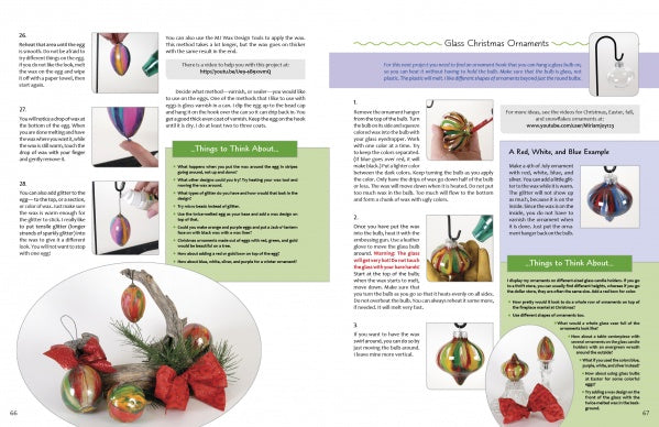 Two pages from "Wax on Crafts Holiday Projects" by Schiffer Publishing, Ltd. display steps and tips for making glass Christmas ornaments, with festive photos, a pine branch, red ribbon, and clear instructions on a white background.