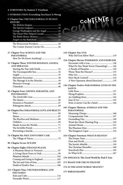 Table of contents page for "Behind the Paranormal" by Schiffer Publishing, Ltd.—chapters examine ghosts, UFOs, the afterlife, angels, demons, psychic powers, and evil with a backdrop of faint handwritten text.