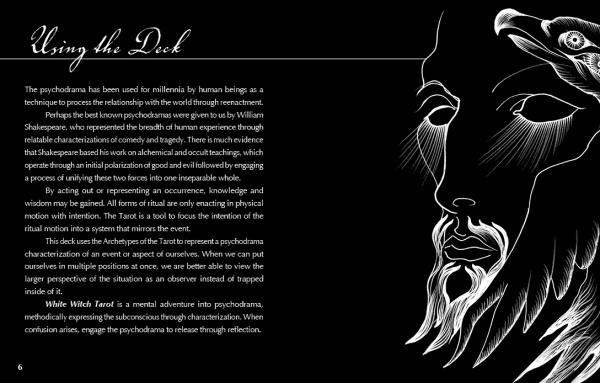 A black and white illustration of a bearded face appears on the right, while text under "Using the Deck" discusses psychodrama, Shakespeare, and the meditative White Witch Tarot Major Arcana by Schiffer Publishing, Ltd.