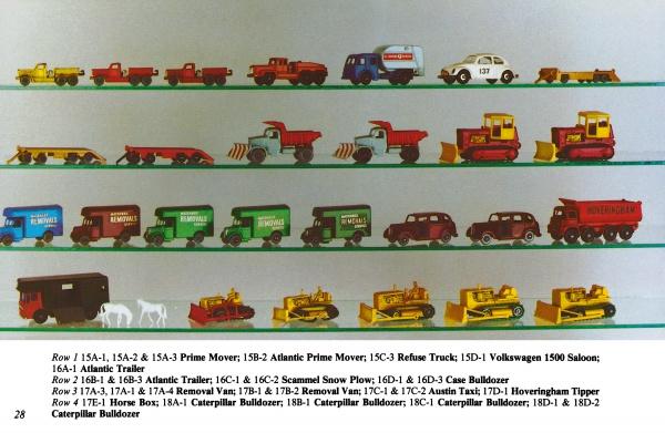 Lesney's Matchbox Toys by Schiffer Publishing, Ltd. displays vintage trucks, tractors, bulldozers, and trailers in four rows on glass shelves, each with varied models and colors—ideal for Matchbox collectors and enthusiasts.