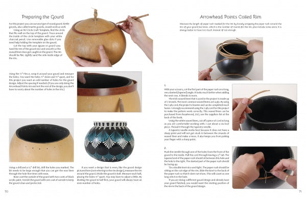 Wax on Gourds by Schiffer Publishing, Ltd. offers a step-by-step guide to preparing gourds for crafting and coiled rim making, with close-up photos showing decoration techniques, tool use, and a finished patterned gourd project.