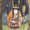 The Shadowland Tarot by Schiffer Publishing, Ltd. features The High Priestess—a whimsical card with a cloaked figure, glasses, antlers, crown, book, and broom, standing in a moonlit forest with an owl and cat—ideal for healing trauma.