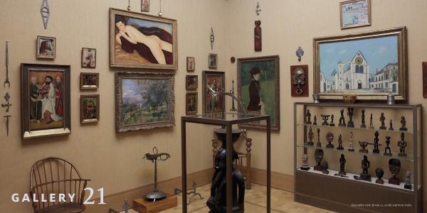 A gallery room displays "Birds in the Barnes Foundation" from Schiffer Publishing, Ltd. Paintings, sculptures, and tribal art fill the space, with GALLERY 21 text in the lower left corner.