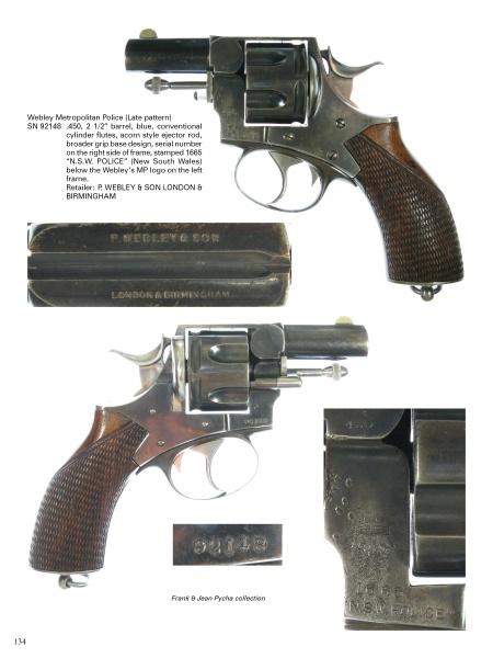 A Webley Solid Frame Revolver is displayed from various angles, showcasing its barrel, wooden grip, cylinder, and engraved markings. Serial number 92148 is highlighted in close-ups. From Schiffer Publishing, Ltd.—a must for antique firearms enthusiasts and collectors.