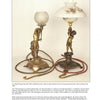 Featured in Schiffer Publishing, Ltd.'s "Antique Lamp Buyer's Guide" are two ornate 19th-century gas lamps with sculpted female bases—one holding a torch, the other a shade—showcasing decorative details and vivid red power cords.