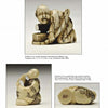 A page from Schiffer Publishing, Ltd.'s "Netsuke" book shows two ivory carvings: one is a kneeling man with a mug, the other a man drinking from a bamboo tube. Both feature detailed patterns and their estimated values.