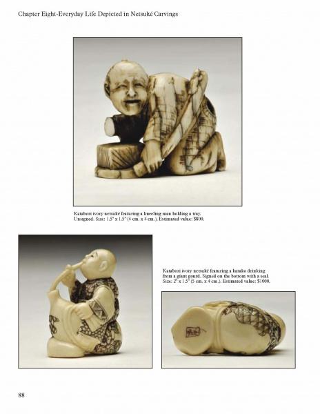 A page from Schiffer Publishing, Ltd.'s "Netsuke" book shows two ivory carvings: one is a kneeling man with a mug, the other a man drinking from a bamboo tube. Both feature detailed patterns and their estimated values.