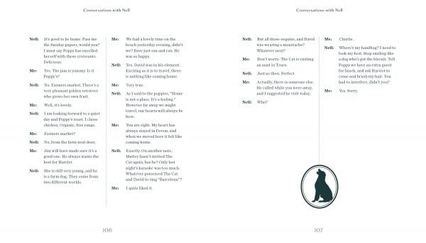 A book spread from "Conversations with Nell" by Schiffer Publishing, Ltd. shows a two-column dialogue. At the right page’s bottom, a black cat silhouette sits. Clean serif text captures Devon’s charm and hints at a dog adventure.