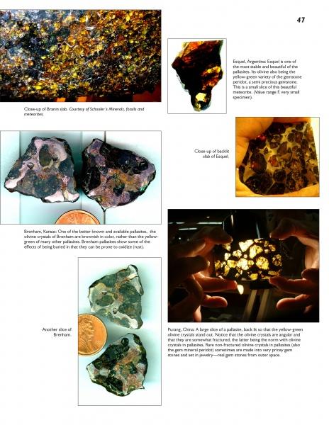 A Schiffer Publishing Meteorites collage features close-ups and slices of pallasite meteorites like Esquel, Brenham, and Fukang, showcasing yellow-green crystals, metallic fragments, descriptive text, and a coin for scale—a stunning collector’s guide.