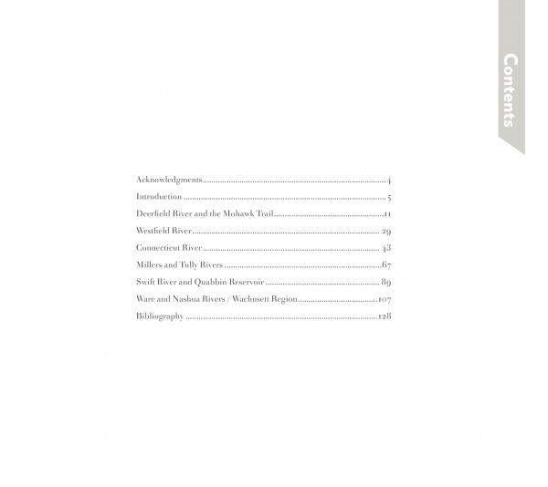 The table of contents page in Central Massachusetts Perspectives by Schiffer Publishing, Ltd. lists section titles and page numbers—Acknowledgements, Introduction, Massachusetts natural areas sections, Bibliography—in a simple layout with “Contents” on the right margin.