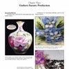 Page from Schiffer Publishing, Ltd.'s "Royal Austria Porcelain" shows a painted perfume bottle with pink roses and close-ups of floral and black designs, illustrating Gutherz factory’s porcelain production and brushwork techniques.