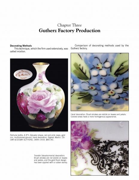 Page from Schiffer Publishing, Ltd.'s "Royal Austria Porcelain" shows a painted perfume bottle with pink roses and close-ups of floral and black designs, illustrating Gutherz factory’s porcelain production and brushwork techniques.