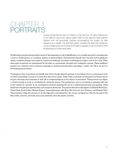 A book page from *Bodies of Work—Contemporary Figurative Painting* by Schiffer Publishing, Ltd. titled "CHAPTER 1 PORTRAITS" features an intro on portrait art and two paragraphs on contemporary figurative art in black on white, with page 17 at the bottom right.