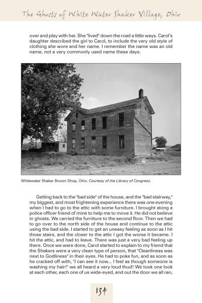 A black and white photo depicts the historic Whitewater Shaker Broom Shop in Ohio. "Shaker Spirits, Shaker Ghosts" by Schiffer Publishing, Ltd. explores memories of the house, Shaker culture, and haunted tales of Shaker ghosts.