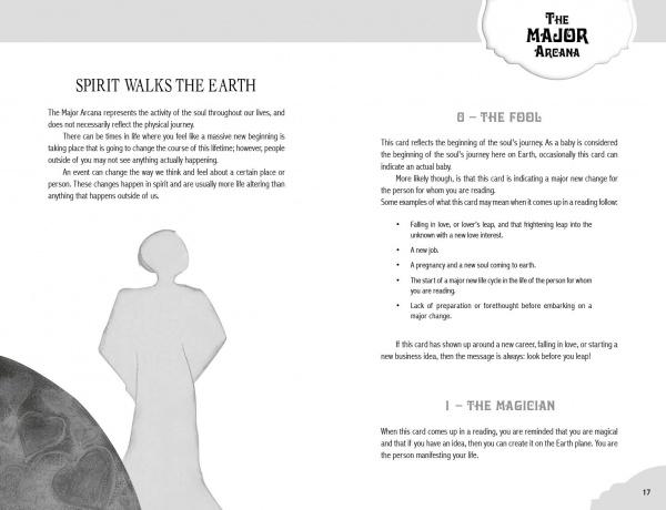 A grayscale image of a page from My First Tarot by Schiffer Publishing, Ltd. The left shows a silhouette titled Spirit Walks the Earth; the right explains 0 – The Fool and 1 – The Magician from a classic tarot deck.