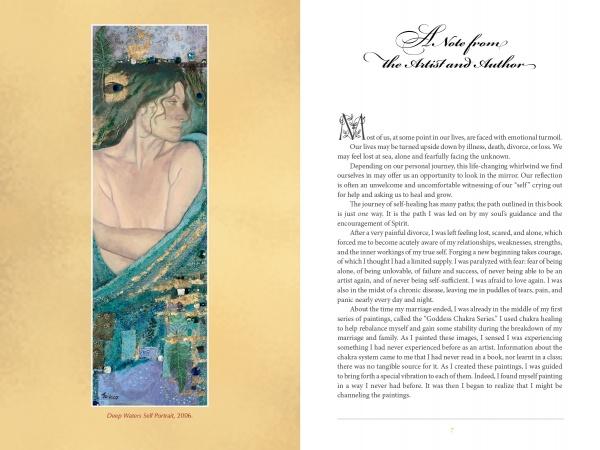 A spread from Self-Love through the Sacred Feminine (Schiffer Publishing, Ltd.) shows Deep Waters Self Portrait, 2006—a painting of a contemplative figure with blue and green motifs—beside text on self-love in A Note from the Artist and Author.