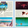 Two pages from "It Must Be Art" by Schiffer Publishing, Ltd. showcase text and vibrant illustrations inspired by 1960s psychedelic art, featuring fantastical landscapes, floating islands, and surreal rock formations beneath vivid skies.