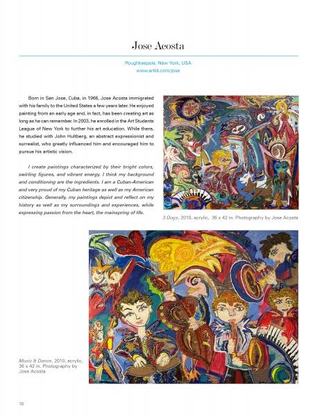 A page in Schiffer Publishing, Ltd.'s "Contemporary Painters" features a short bio of artist Jose Acosta and showcases two vibrant, abstract paintings with musical and human figures, alongside captions and photo credits for each artwork.