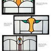 Three rectangular "Old Stained Glass for the Home" panels by Schiffer Publishing, Ltd. feature geometric and floral designs in orange, yellow, green, and pink on clear textured backgrounds with bold black leading. Labels show dimensions and credits.