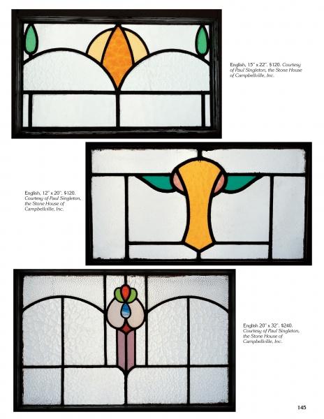 Three rectangular "Old Stained Glass for the Home" panels by Schiffer Publishing, Ltd. feature geometric and floral designs in orange, yellow, green, and pink on clear textured backgrounds with bold black leading. Labels show dimensions and credits.