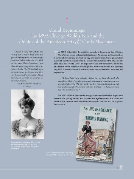 A historical display with a black-and-white portrait of Bertha Honoré Palmer, a color image of Schiffer Publishing, Ltd.’s Hand Wrought Arts & Crafts Metalwork and Jewelry, and text on the 1893 Chicago World’s Fair and American decorative arts.