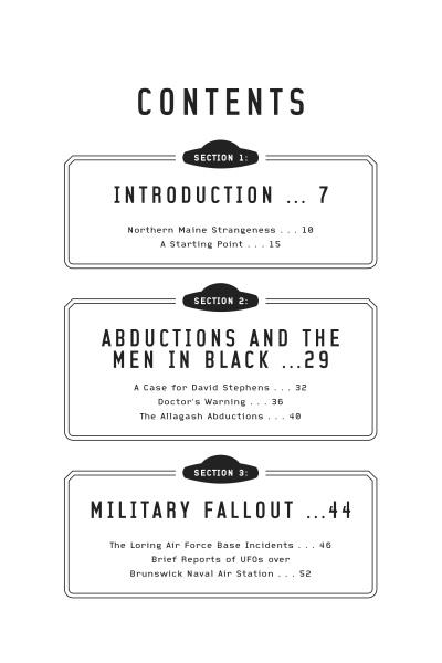The UFOs Over Maine table of contents (Schiffer Publishing, Ltd.) has three sections: Introduction (p.7), Abductions and the Men in Black—including Maine cases (p.29), and Military Fallout (p.44), plus subheadings with page numbers.