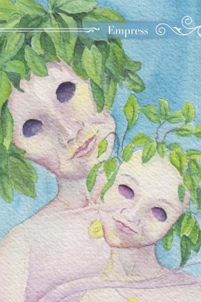 Watercolor art from Guardian Tarot by Schiffer Publishing, Ltd. depicts two faceless figures with leafy hair as tree guardians on a blue background, “Empress” at top right; both have soft pink skin and gentle smiles.