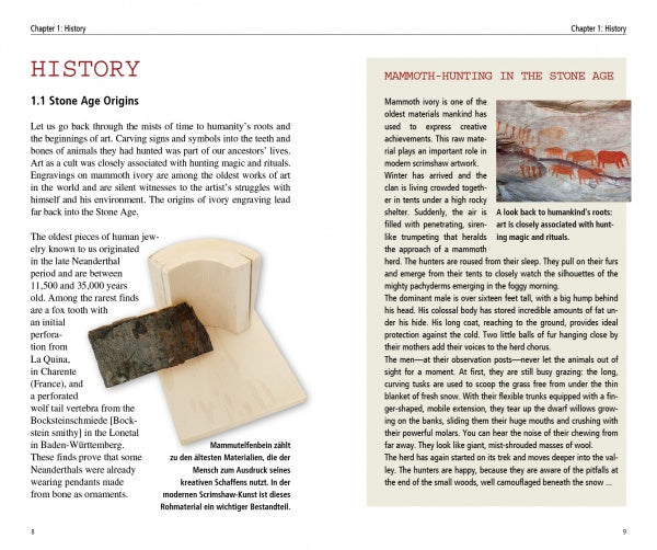 A HISTORY textbook page features Stone Age Origins with a photo of a fossil and Schiffer Publishing, Ltd.’s "Scrimshaw in Theory and Practice," plus Mammoth-Hunting in the Stone Age shown via cave paintings of mammoths and humans.