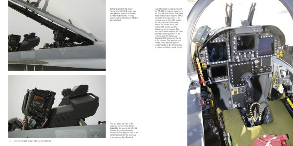 Two close-up photos on the left show the ejection seat of a US Navy F/A-18E/F Super Hornet and EA-18G Growler, while a large image on the right reveals the jet’s detailed cockpit, packed with controls and a green seat cushion.