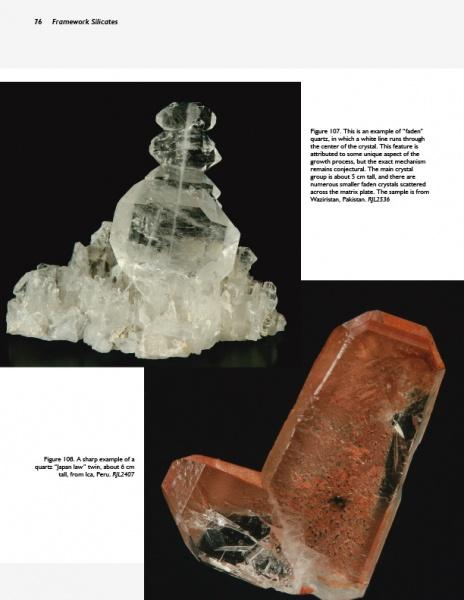 Above, clear quartz towers are featured; below, an orange-red double-point quartz shines—perfect for enthusiasts as highlighted in The Collector's Guide to Silicate Crystal Structures from Schiffer Publishing, Ltd.