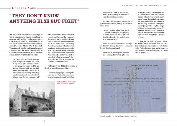 A two-page spread in "Three Cheers for the Chesapeake!" by Schiffer Publishing, Ltd. shows text, a historic building photo on the left, a handwritten letter on the right, and the chapter title THEY DON’T KNOW ANYTHING ELSE BUT FIGHT.
