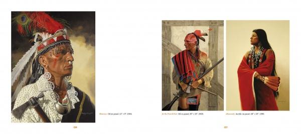 Western Art of the Twenty-First Century by Schiffer Publishing, Ltd. showcases painted portraits of Indigenous men in traditional attire, featuring feathered headdresses, beads, rifles, and jewelry—reflecting Native American artistic influence.