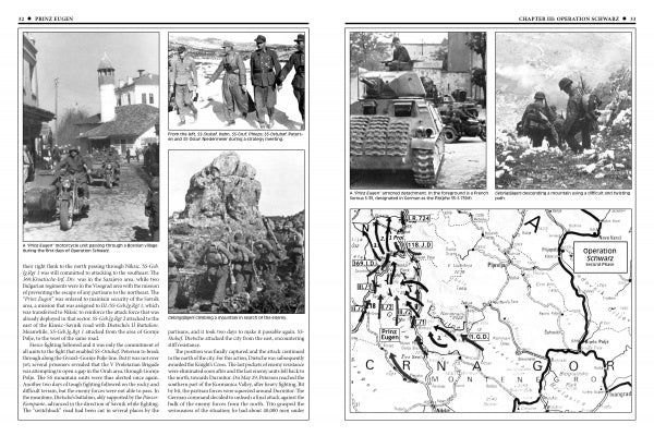 A two-page spread from Schiffer Publishing, Ltd.'s "The 7th Waffen-SS Volunteer Gebirgs (Mountain) Division Prinz Eugen" features WWII black-and-white photos, a map of Yugoslav operations, and an illustrated military campaign history.