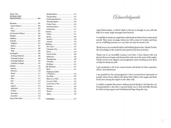 A book spread from "Angel Relationships" by Schiffer Publishing, Ltd. features a clean, serif contents page on the left with chapters and page numbers, and an acknowledgments page on the right, expressing thanks to supporters and angels.