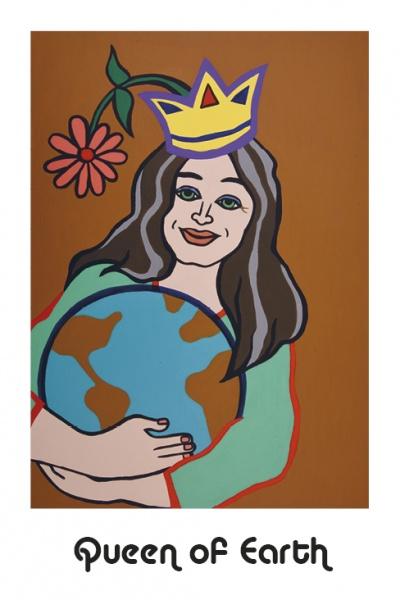 A cartoon woman with long brown hair holds a globe, wearing a yellow crown and flower, smiling. The text "Queen of Earth" appears below on a brown background. Product: Hip Chick Tarot by Schiffer Publishing, Ltd.