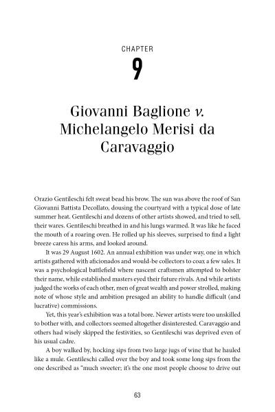 A page from "Bad Blood" by Schiffer Publishing, Ltd. describes Orazio Gentileschi at a 1599 art exhibition, witnessing the rivalries of the art world. The title is “Giovanni Baglione v. Michelangelo Merisi da Caravaggio” and page 63 is noted at the bottom.