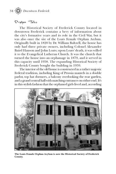A black and white book page from Ghosts of Maryland by Schiffer Publishing, Ltd. details the history of the Historical Society of Frederick County, with a photo of the old brick building once called the Lost Female Orphan Asylum.