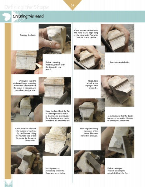 A step-by-step photo guide from Schiffer Publishing, Ltd.'s "Carving a Sitting Bear in Soapstone" shows hands shaping soapstone into a bear, with detailed text instructions and close-up images to illustrate each stage of the carving process.