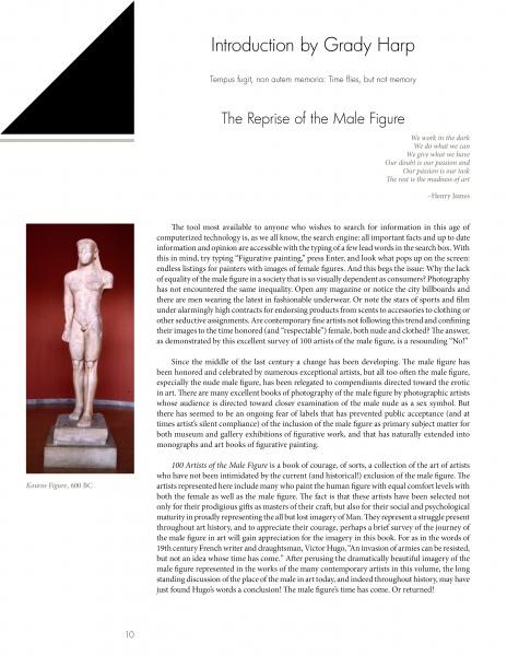 A magazine page introduces “100 Artists of the Male Figure” by Schiffer Publishing, Ltd., featuring a kouros statue photo and text exploring masculine beauty in ancient and modern figurative art.